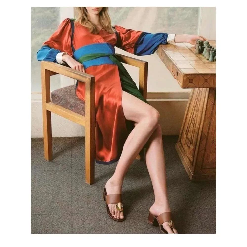 Tory Burch Kola Colorblock Silk Blend Satin Crepe Wrap Dress Size 10